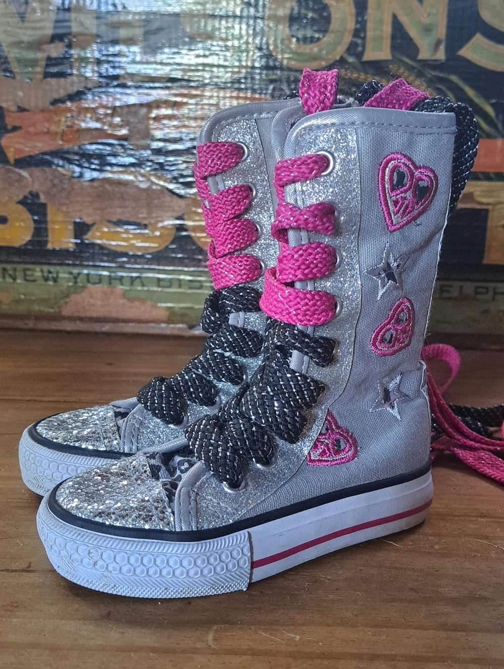 Bongo Silver Glitter High Top Sneakers, Toddler 5, Extra Tall, Pink Stars Hearts
